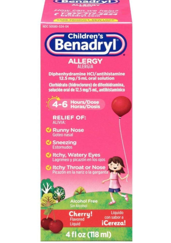 Children’s Benadryl Dye-Free Allergy Liquid with Diphenhydramine HCl, Cherry Flavor, 4 fl. oz ( 118 ml )