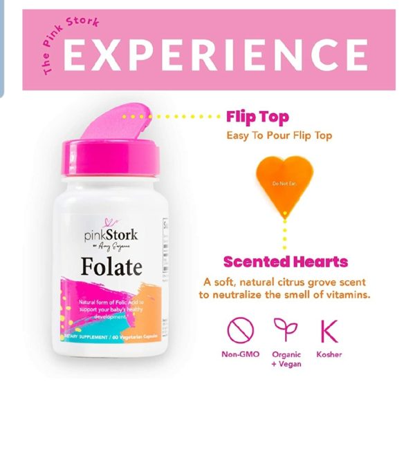 Pink Stork Folate: Superior Form of Folic Acid, Recommended Before and During Pregnancy, 60 Small Capsules (600 mcg)