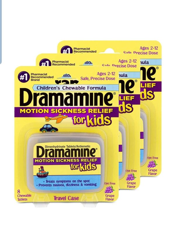Dramamine Motion Sickness Relief for Kids, Chewable Grape, 8 Count, pack of 3 (siparis uzerine gonderilir)