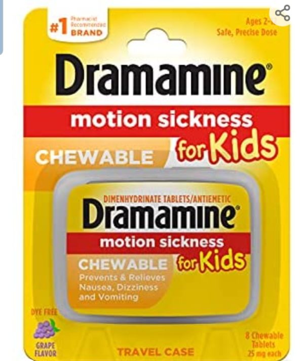 Dramamine Motion Sickness for Kids, Chewable, Dye Free, Grape Flavored, 8 Count (siparis uzerine gonderilir)