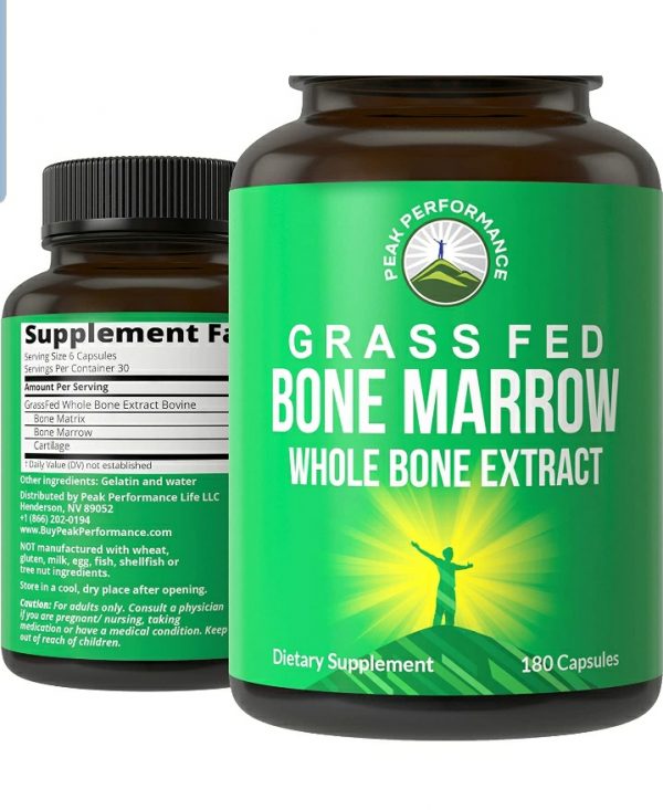 Grass Fed Bone Marrow – Whole Bone Extract Supplement 180 Capsules by Peak Performance. Superfood Pills Rich in Collagen, Vitamins, Amino Acids. from Bone Matrix, Marrow, Cartilage. Ancestral Tablets