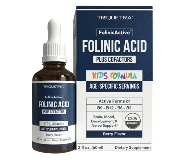 Organic FolinicActive Kids – Folinic Acid + B12, B6 & B2 Cofactors – Gentle Methylation Support for Mood, Energy & Cognition, Age Adjustable Dosing for Kids 1-18, Non GMO, Vegan, Berry Flavor (60mL