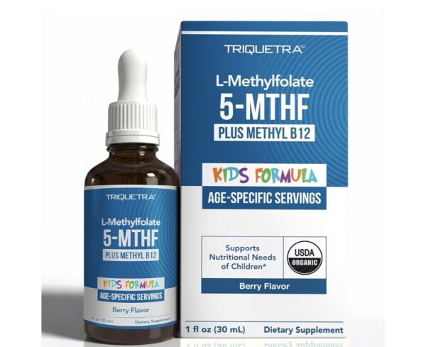Organic Kids L-Methylfolate + Methyl B12 Cofactor – MTHFR Sublingual Form – 5-MTHF, Superior Form of Folate – Adjustable Dosing for All Ages – Mood, Behavior, Cognition – Organic Berry Flavor, 1 Fl oz
