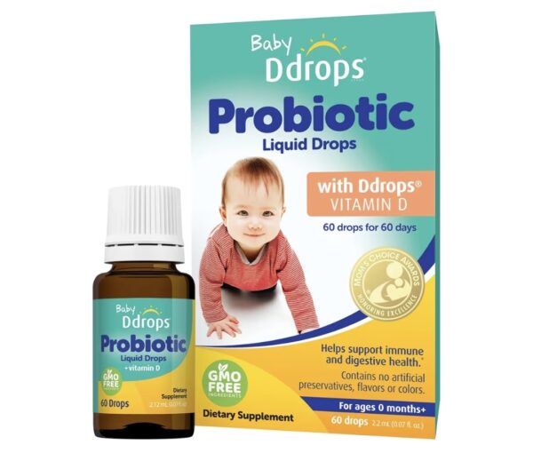 Ddrops Baby Probiotic with Vitamin D, 60 Drops – Colic Symptom Relief for Newborns and Infants – Easy-to-Use, Just One Drop Daily, No Sugar, Non-GMO, Allergy-friendy