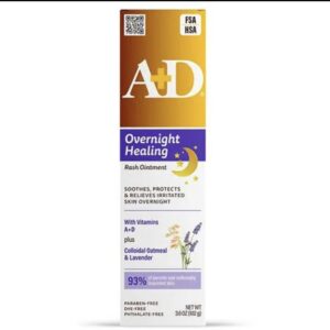 A+D Overnight Healing Diaper Rash Ointment, with Vitamins, Lavender, 3.6 Oz Soothes, Protects and Relieves Irritated Skin Overnight with Vitamins A and D, Colloidal Oatmeal & Lavender